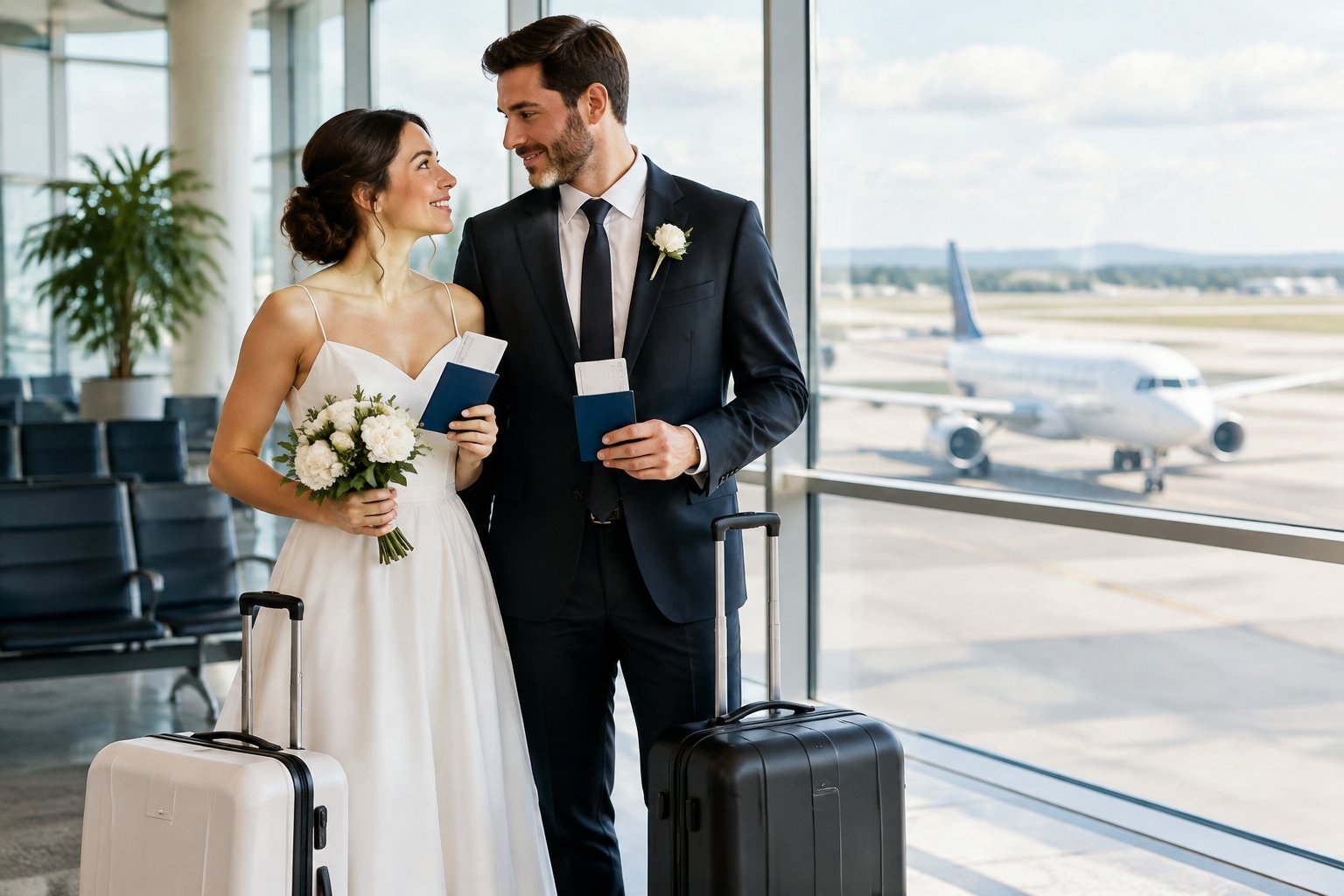 A newlywed couple with luggage considers their travel plans in an airport departure lounge.