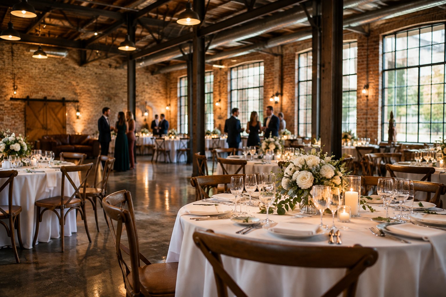 Guests gather around a decorated table in a wedding venue.