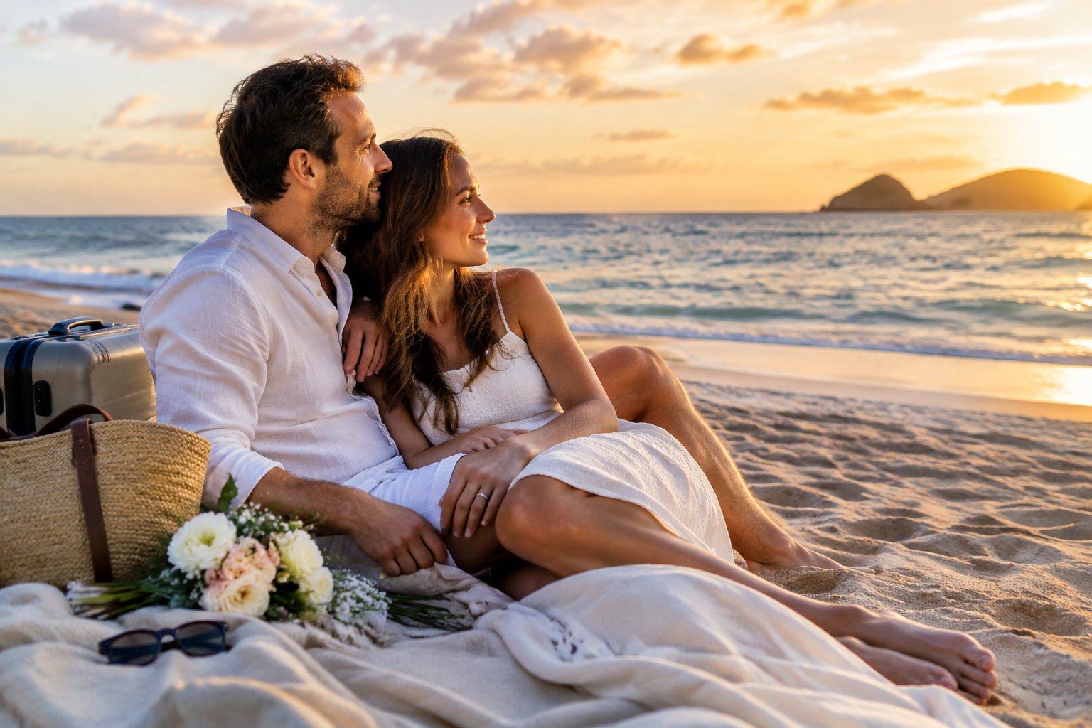 A newly married couple relaxes together on a tropical beach.
