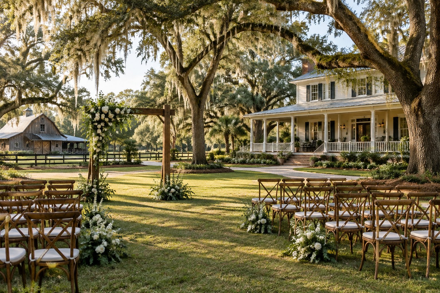 A wedding ceremony setup on the lawn of a rustic estate beneath oak trees.