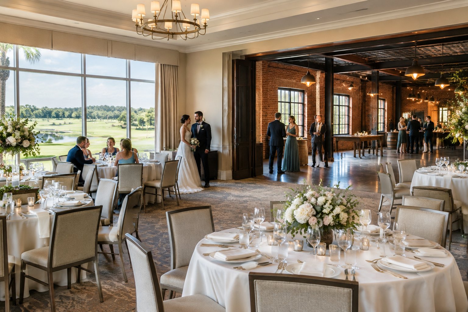 A wedding reception showing a country-club ballroom beside an industrial-style event space.