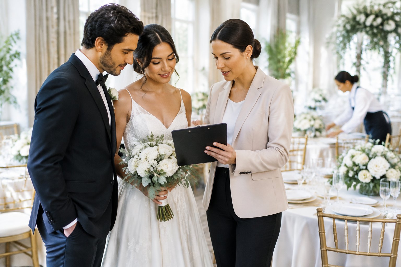 A wedding planner reviews details with a relaxed couple at their reception venue.