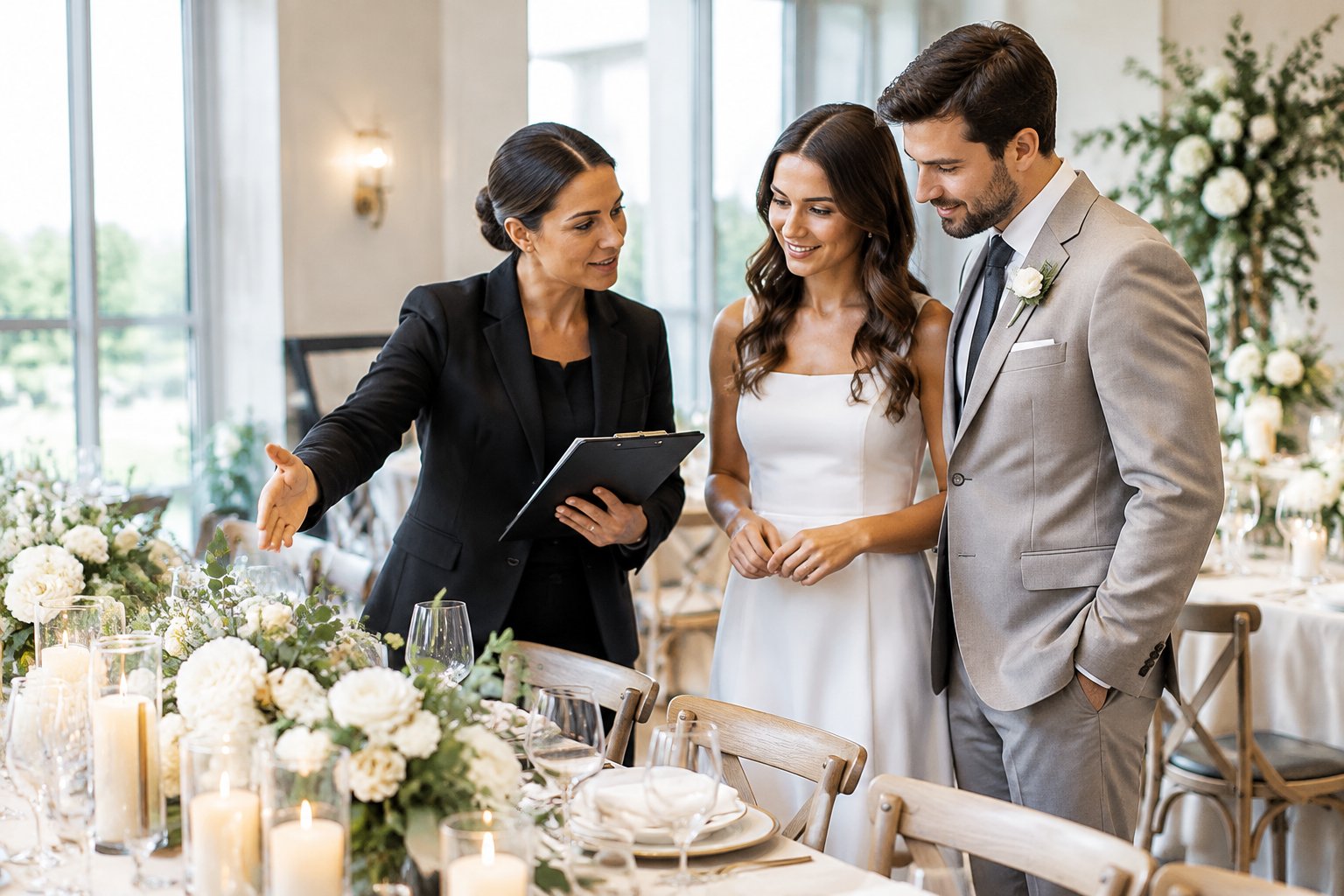 A wedding planner reviews reception arrangements with a couple.