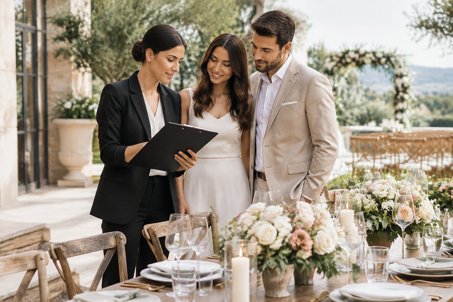 A wedding planner reviews reception details with a relaxed couple.