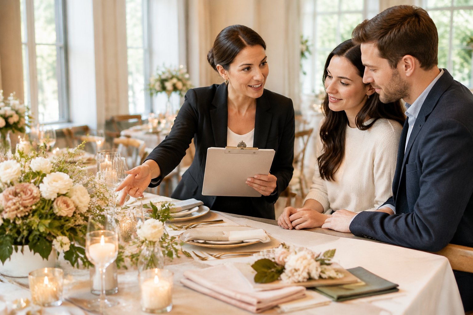 A wedding planner discusses arrangements with an engaged couple at a decorated venue.