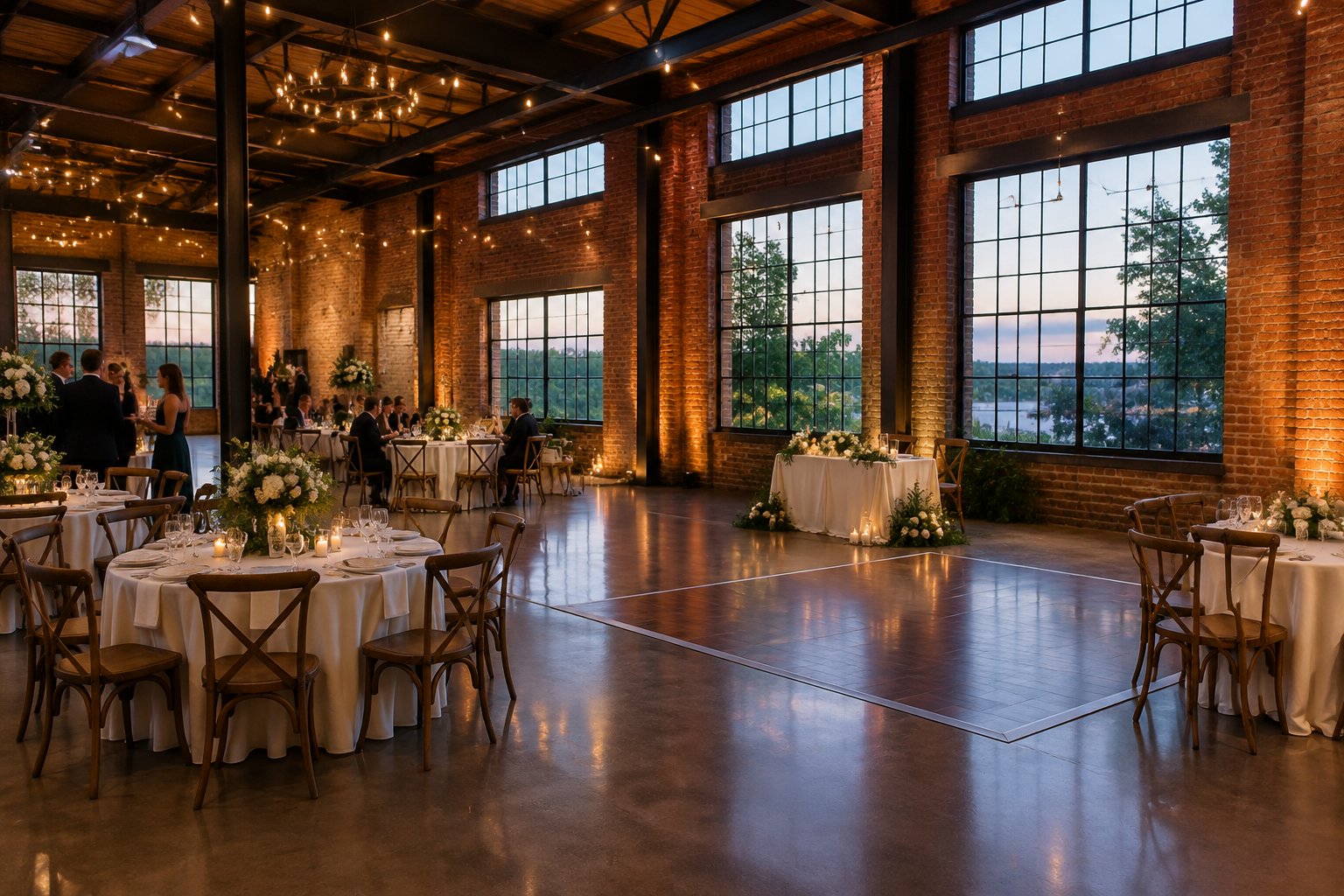 A warmly lit wedding reception in a brick industrial venue.