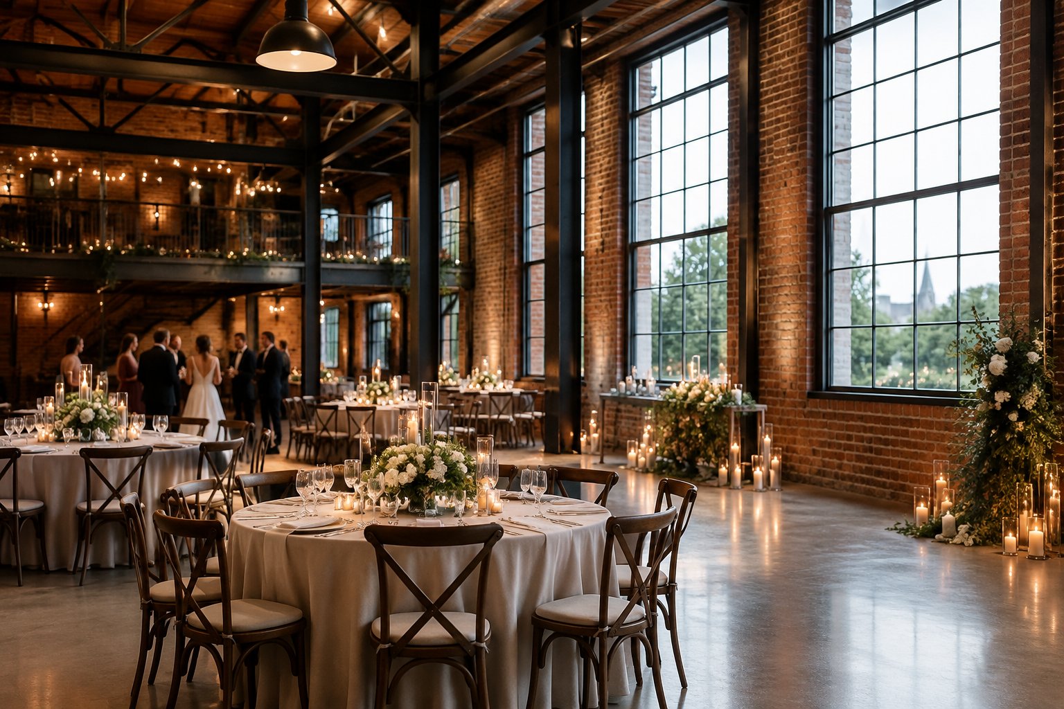 A wedding reception set inside a brick venue with exposed steel beams.