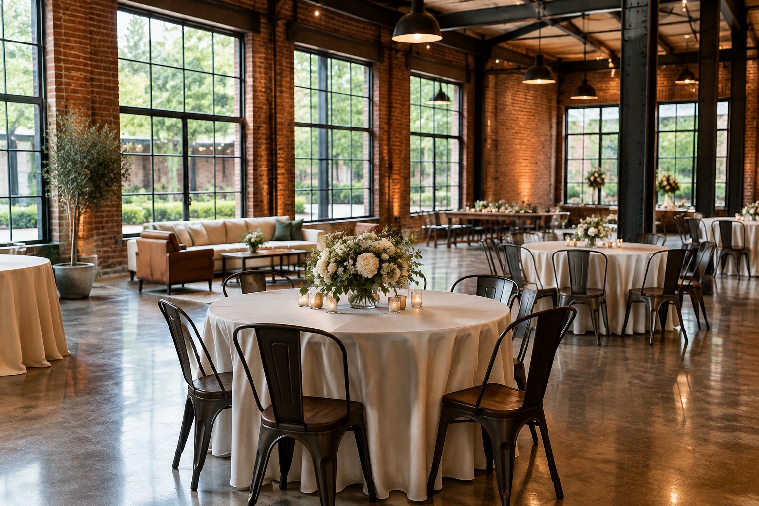 A wedding reception setup inside a brick venue with large windows and metal beams.