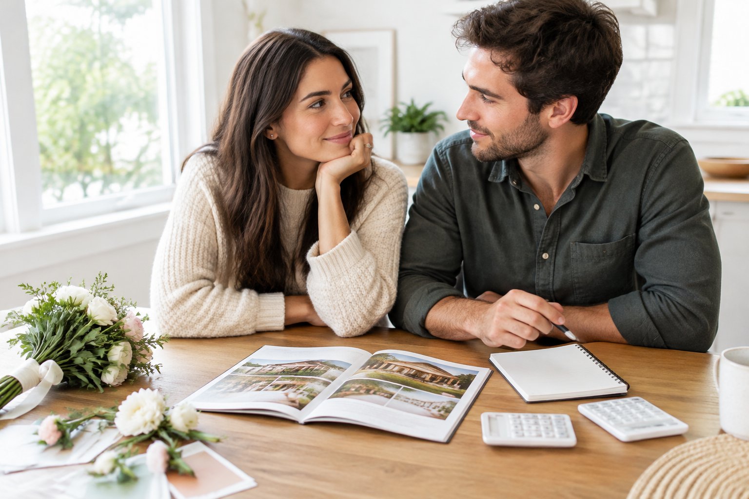 An engaged couple considers wedding plans and expenses together at a kitchen table.