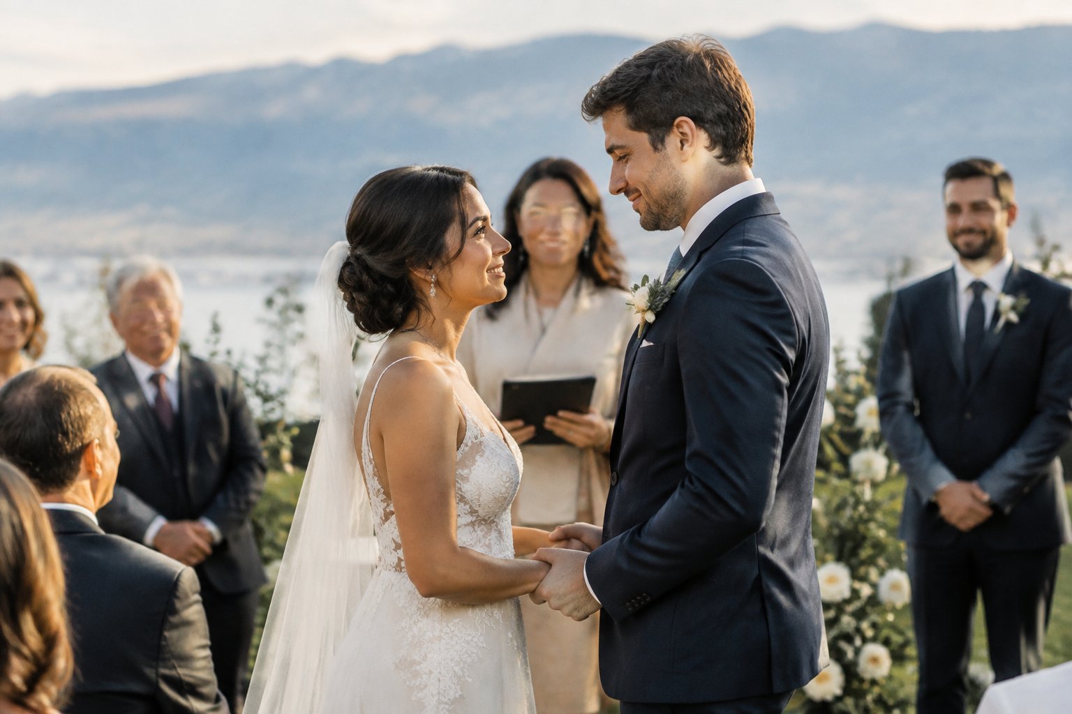 A couple holds hands during an intimate wedding ceremony as loved ones look on.