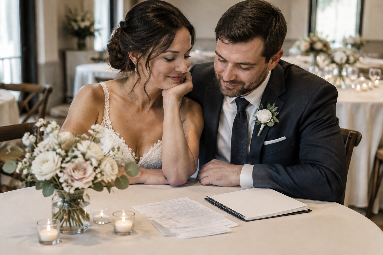 A newly married couple sits together at a reception table with wedding receipts nearby.