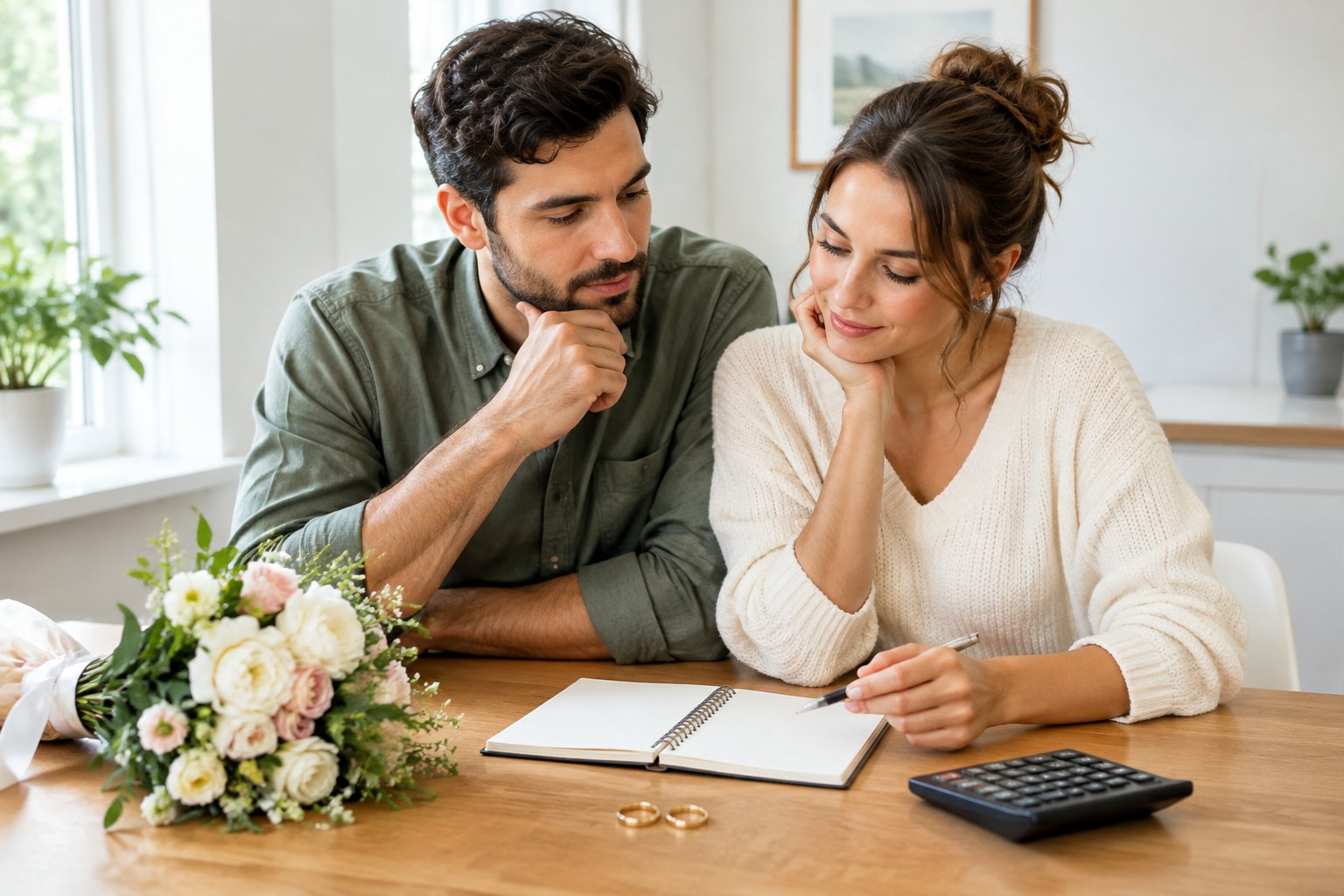 An engaged couple discusses wedding plans at a kitchen table.