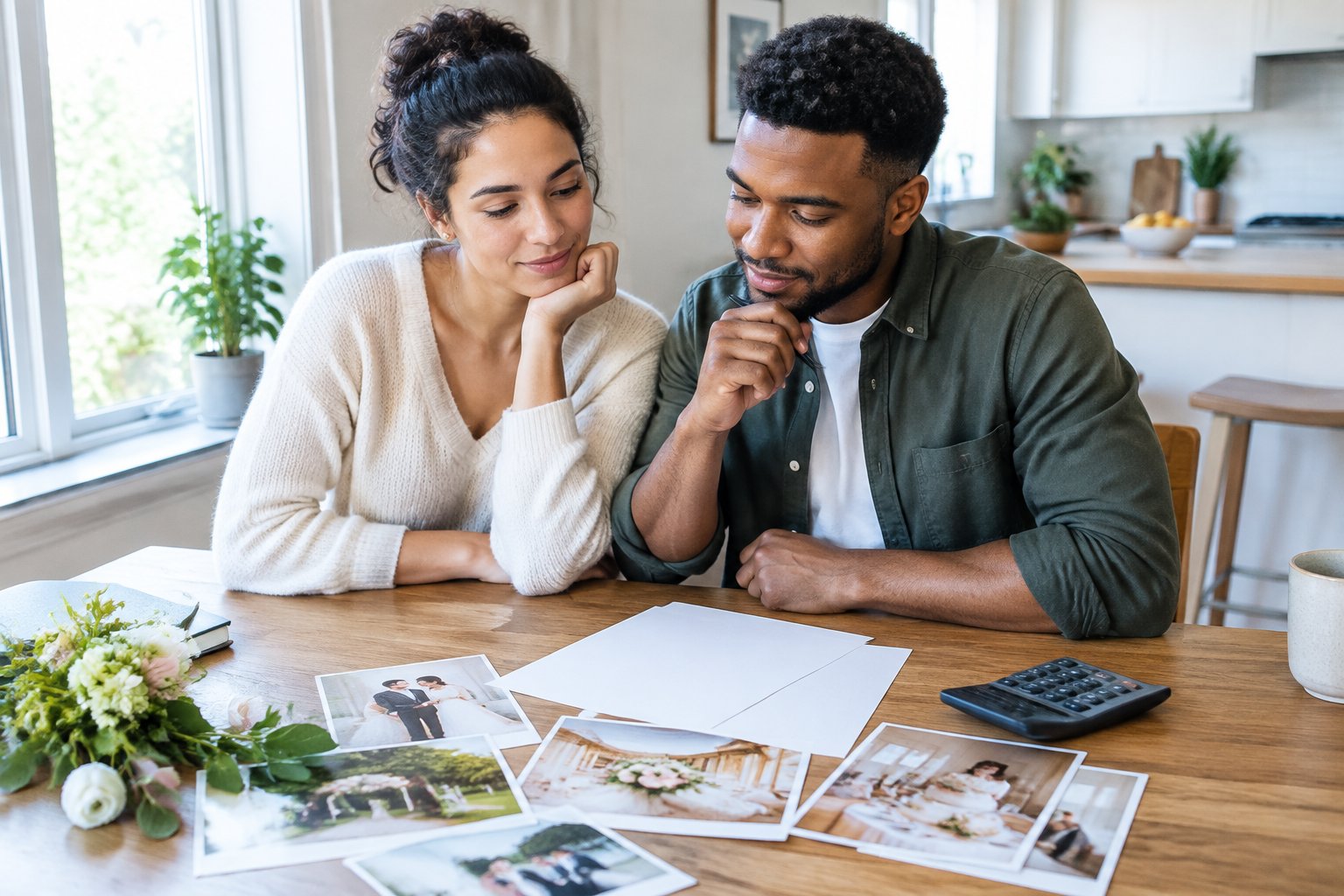 An engaged couple reviews wedding plans and a budget together at their kitchen table.
