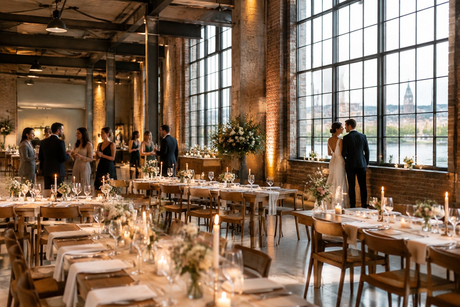 Guests gather around decorated tables at a wedding reception in a converted industrial hall.