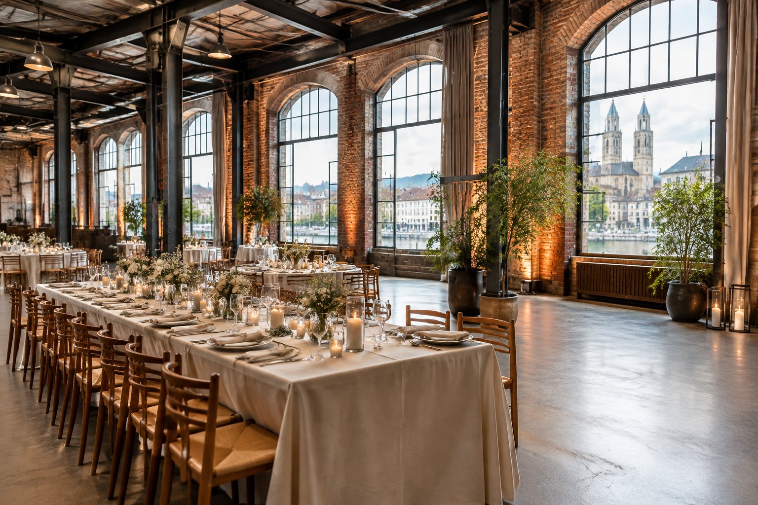 A wedding reception table in a converted industrial hall with brick walls and tall windows.