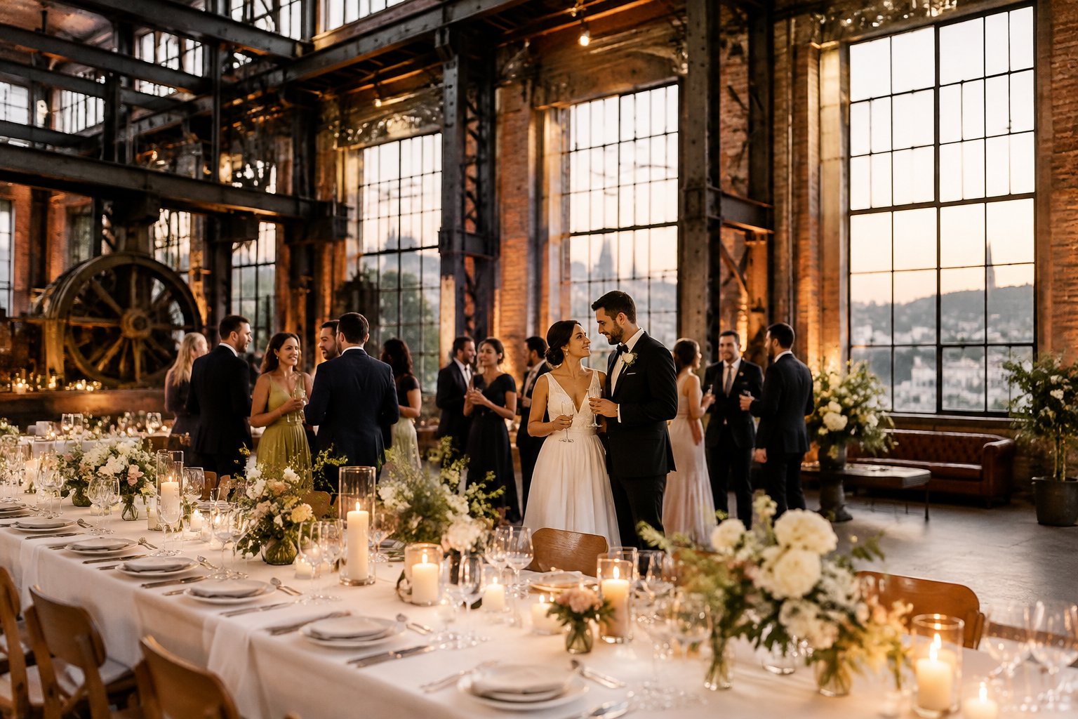 A couple celebrates their wedding reception with guests in a renovated industrial hall.