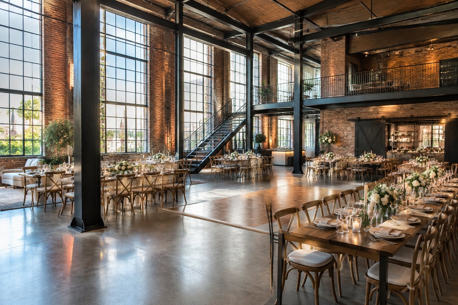 A converted industrial warehouse arranged for a wedding reception.