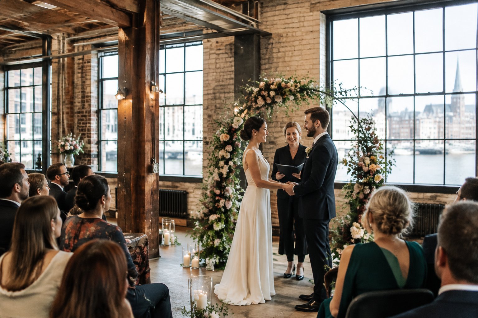 A couple exchanges vows in a renovated industrial venue as guests watch.