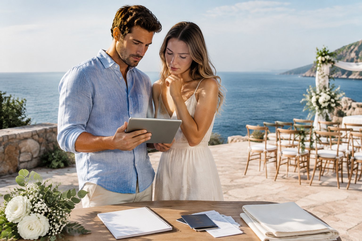 An engaged couple reviews wedding plans at a seaside venue.