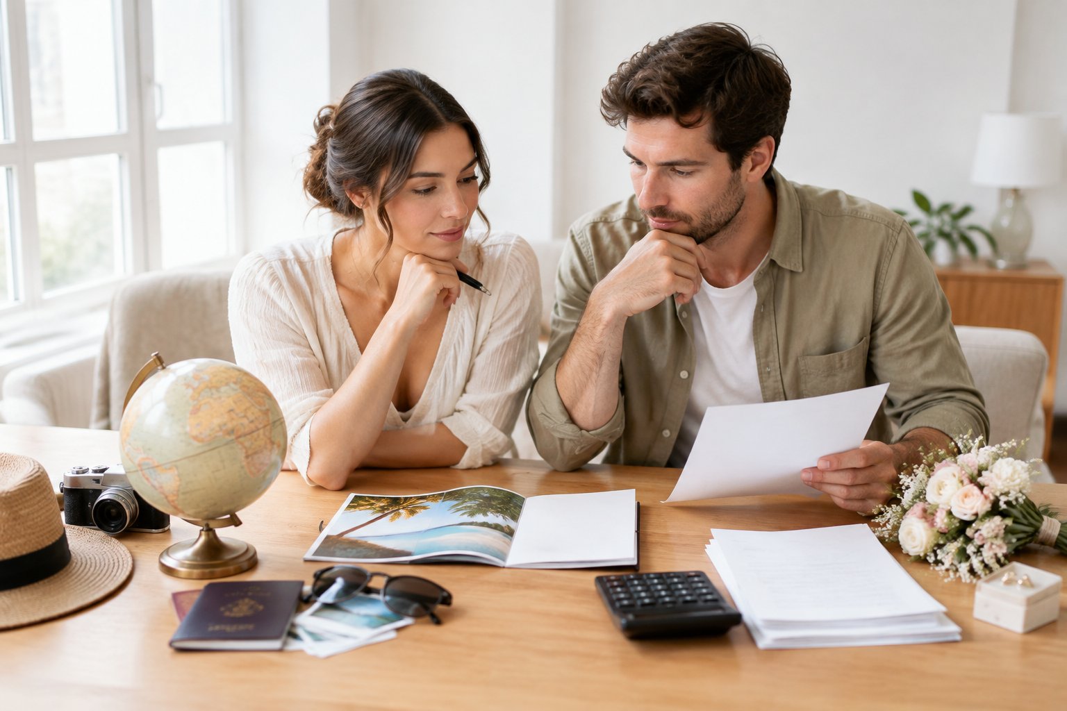 A couple compares wedding plans and costs at a table with a globe, calculator, and bouquet.