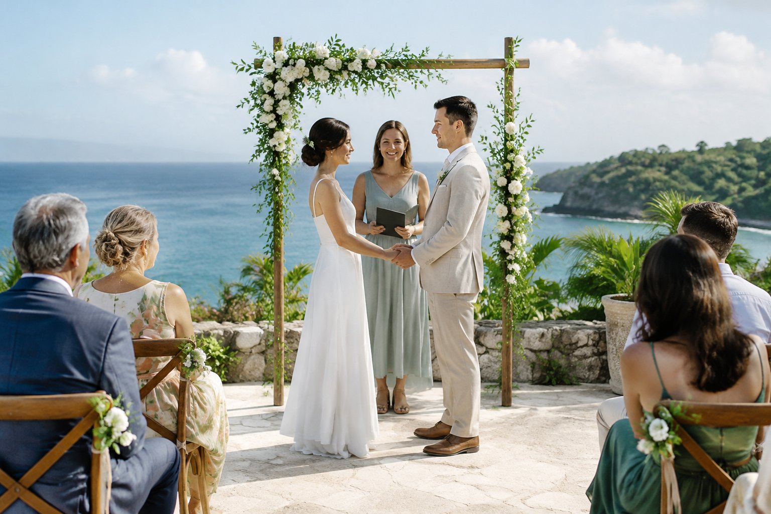 A couple exchanges vows at a small seaside wedding surrounded by family and friends.