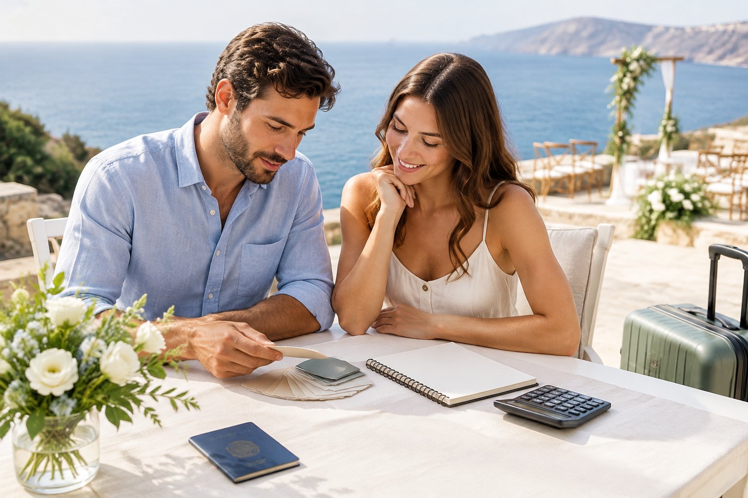 A couple reviews wedding plans at a table overlooking the ocean.