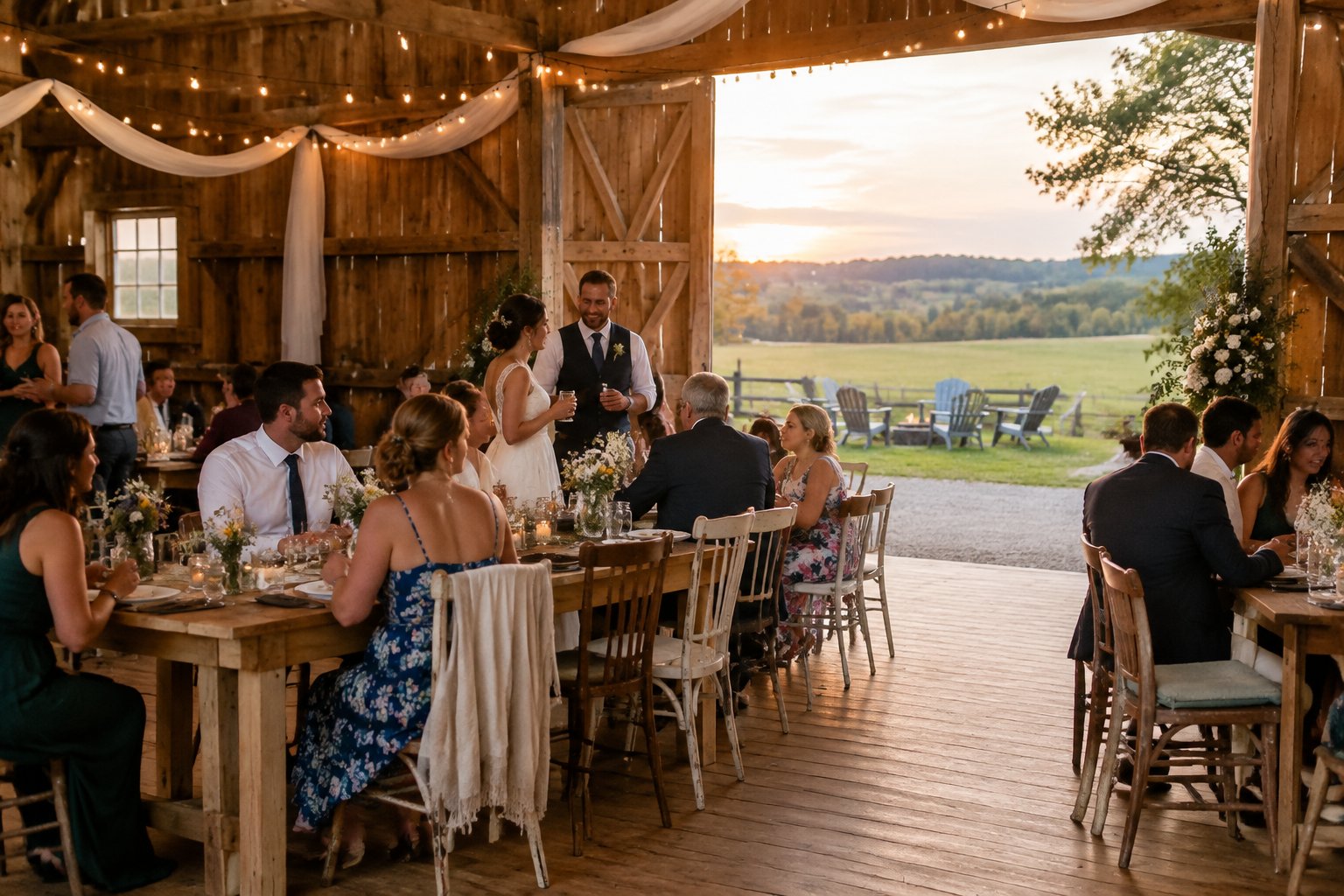 Guests celebrate at a wedding reception inside a decorated barn.