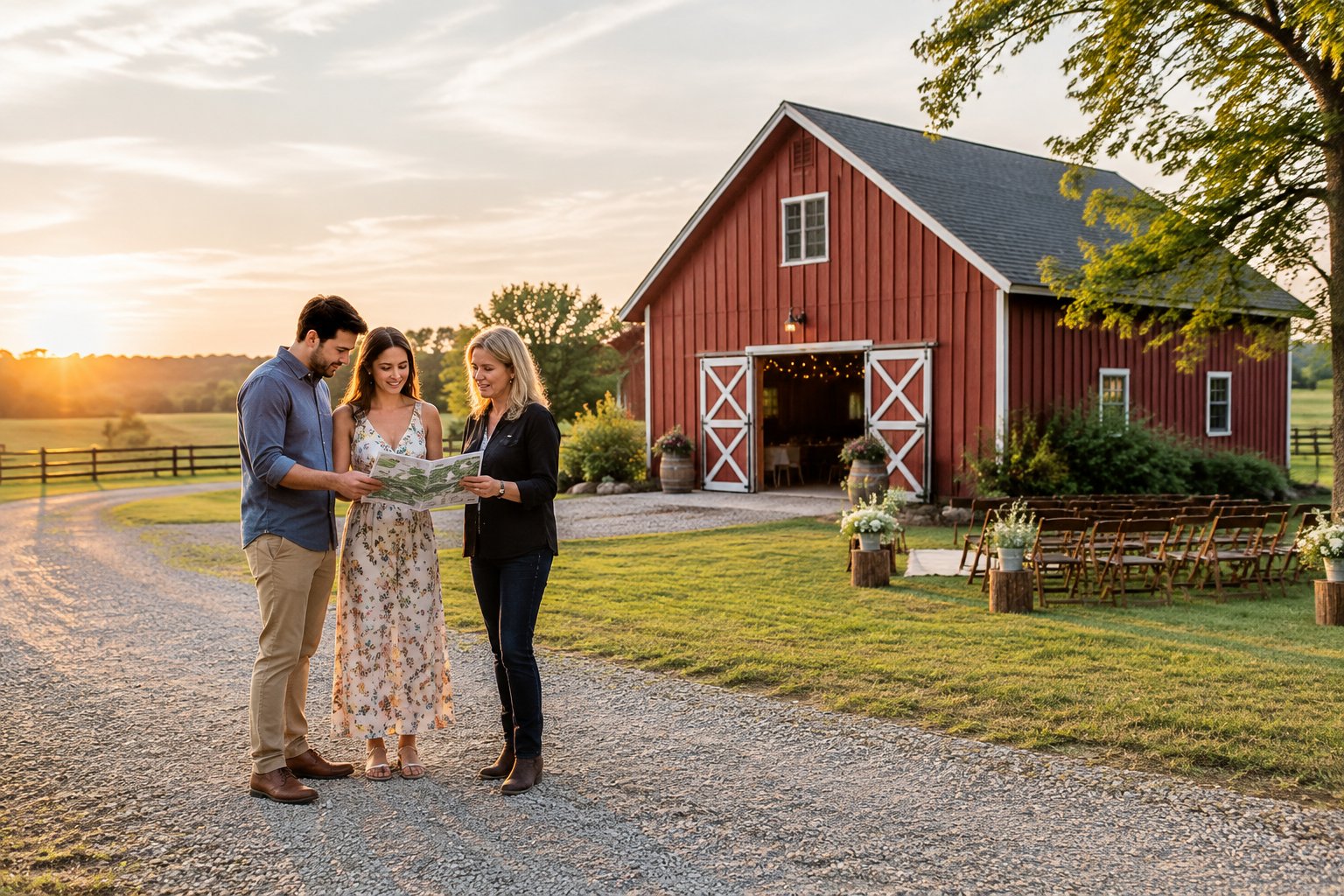 A couple visits a red barn with a simple outdoor wedding setup.