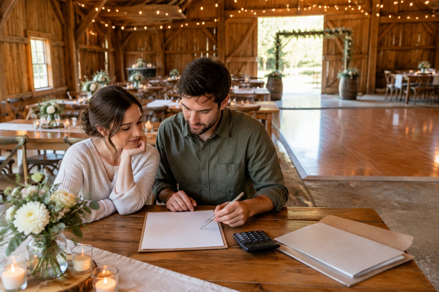 A couple reviews wedding plans at a table inside a simply decorated barn reception venue.