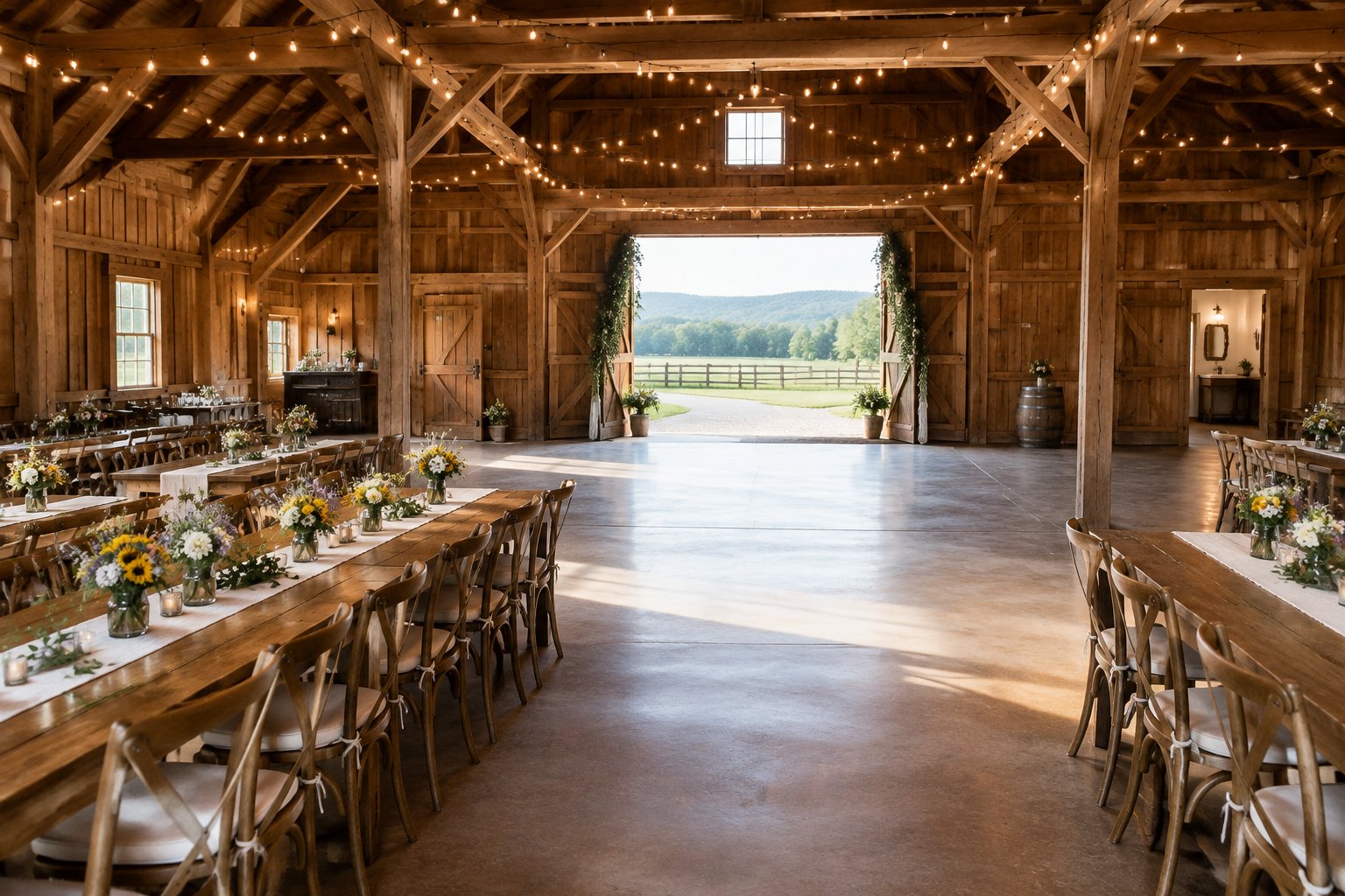 A rustic barn reception space with wooden tables, simple flowers, string lights, and open doors.