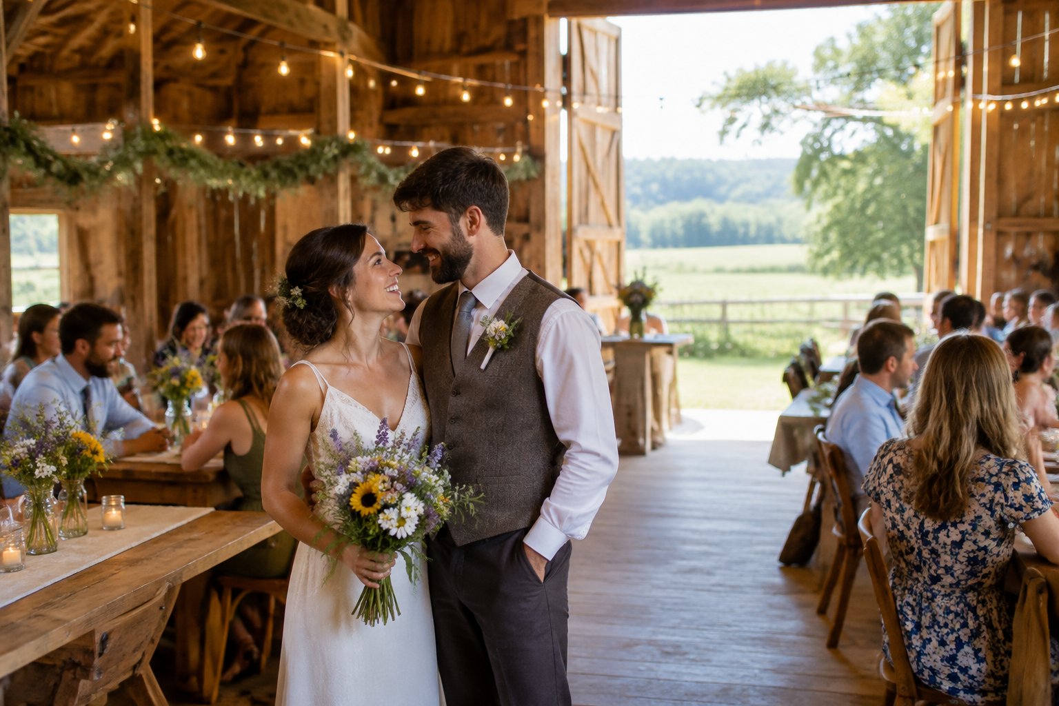 A couple celebrates with guests inside a simply decorated barn.