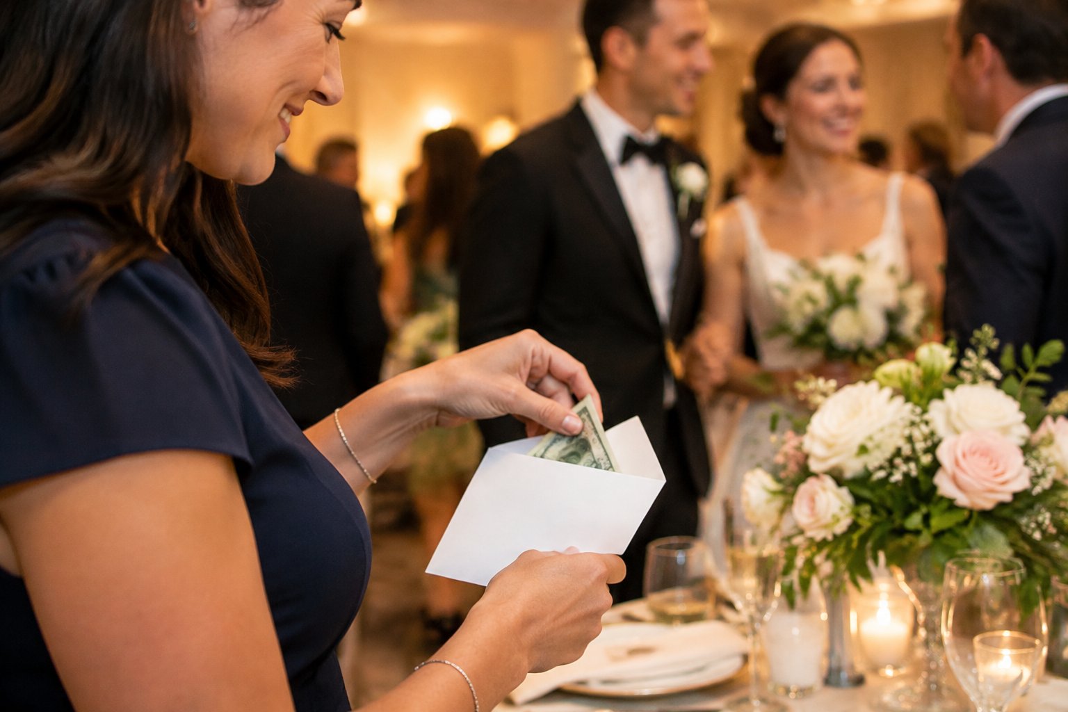 A wedding guest places money in an envelope while the newlyweds greet guests nearby.
