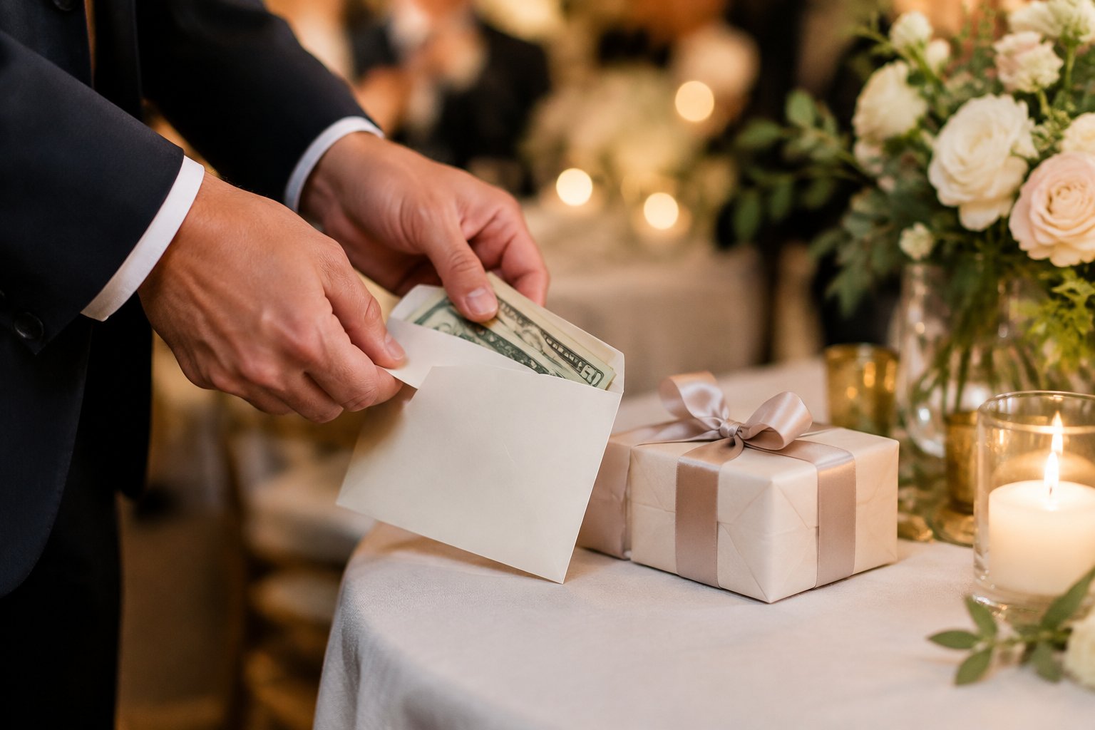 A wedding guest places a cash gift in an envelope beside a wrapped present.