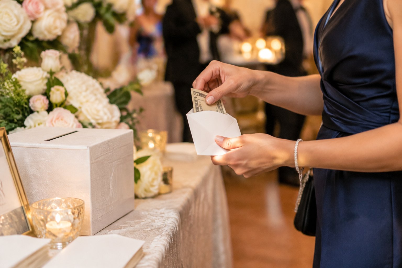 A wedding guest places a cash gift envelope beside a card box at a reception.