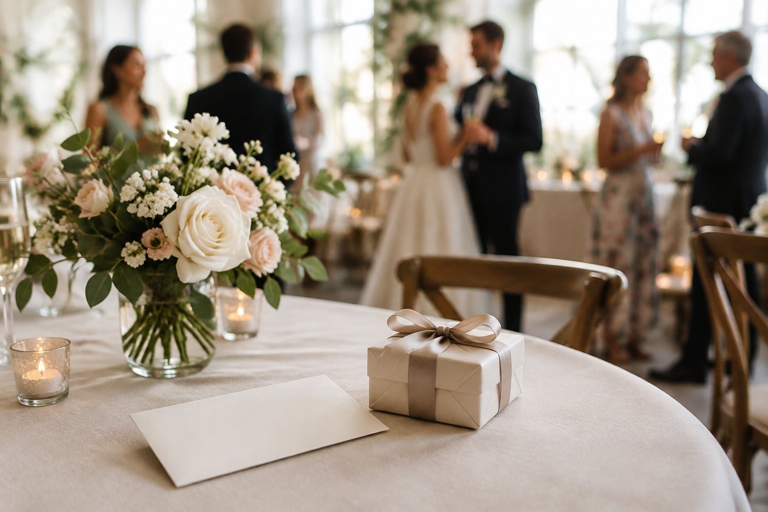 An envelope and small gift box on a wedding reception table as guests mingle in the background.