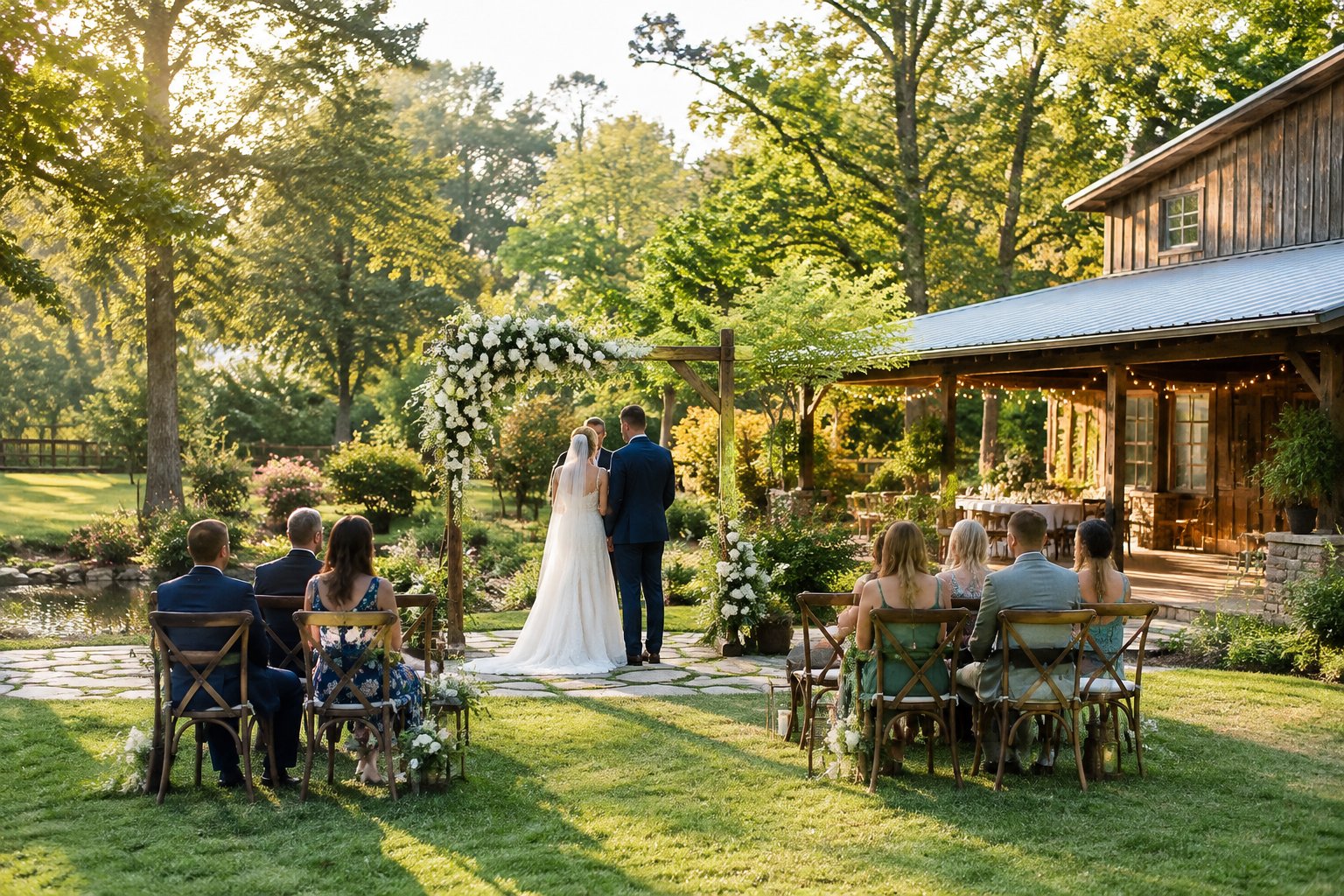 A couple stands beneath a flower-covered arch at a small garden wedding.