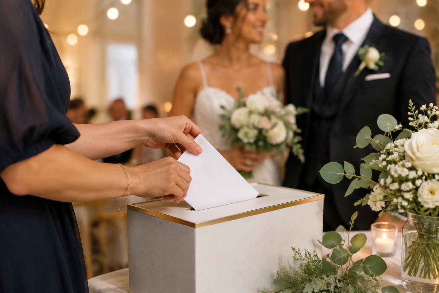 A wedding guest places an envelope in a card box as the newlyweds look on.