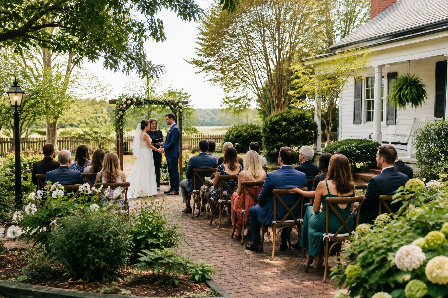 A couple celebrates their wedding with a small group of guests in a garden courtyard.