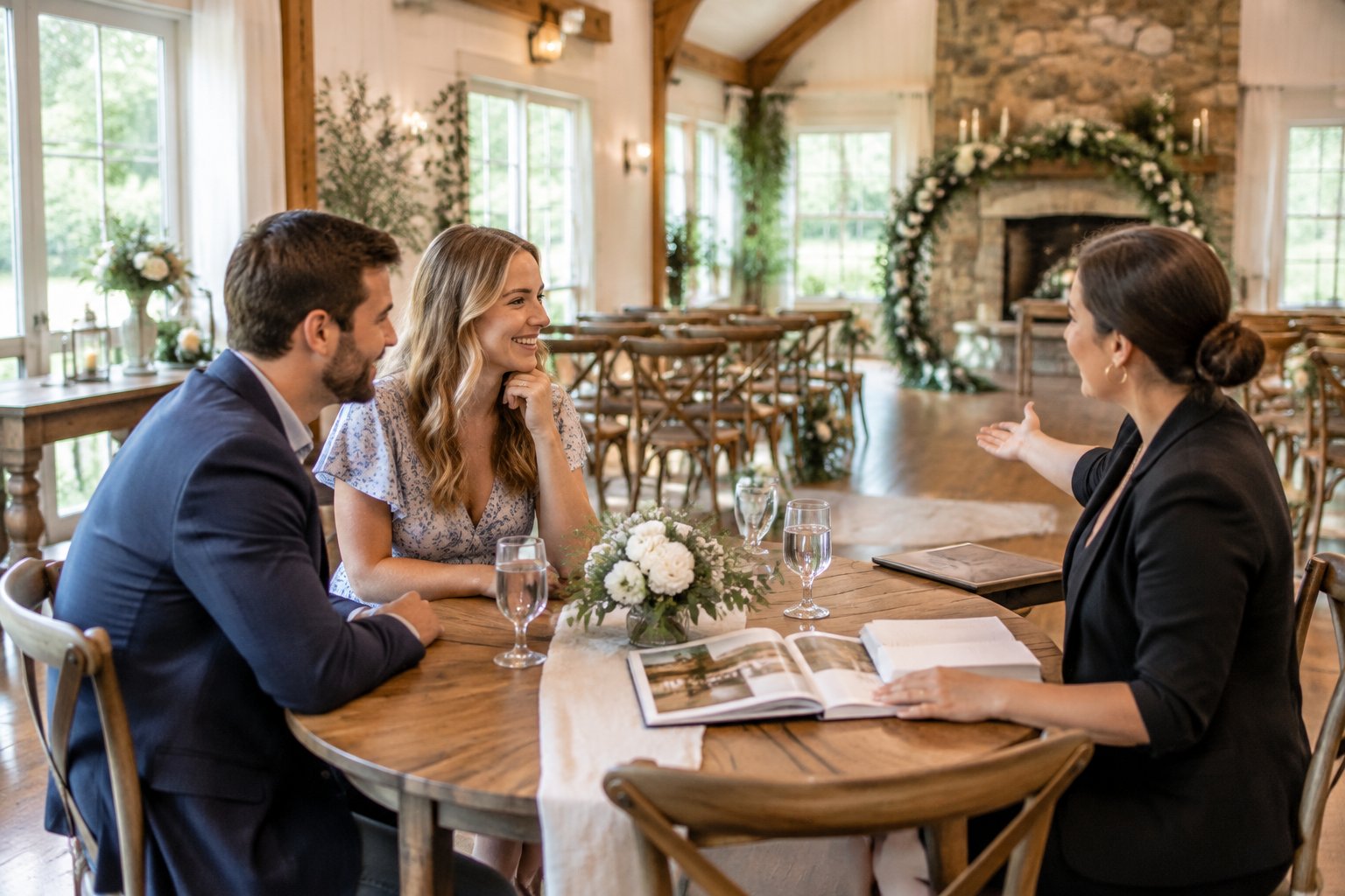 A couple discusses wedding venue options with a planner in an intimate reception space.