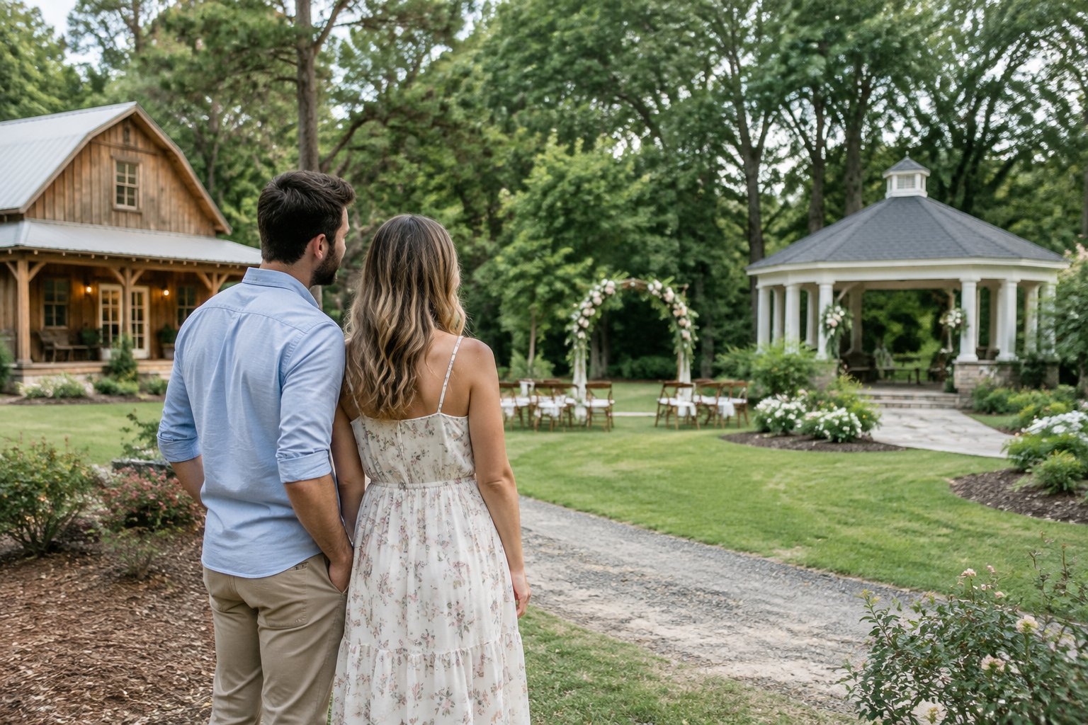 A couple looks across garden and barn wedding venues.