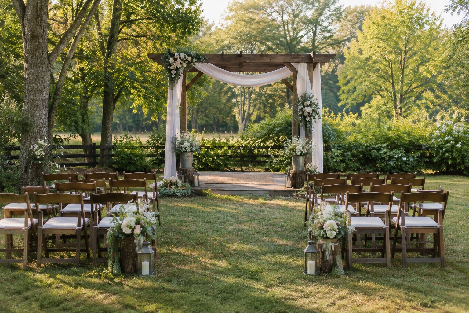 A small outdoor wedding ceremony setup beneath a garden pergola.
