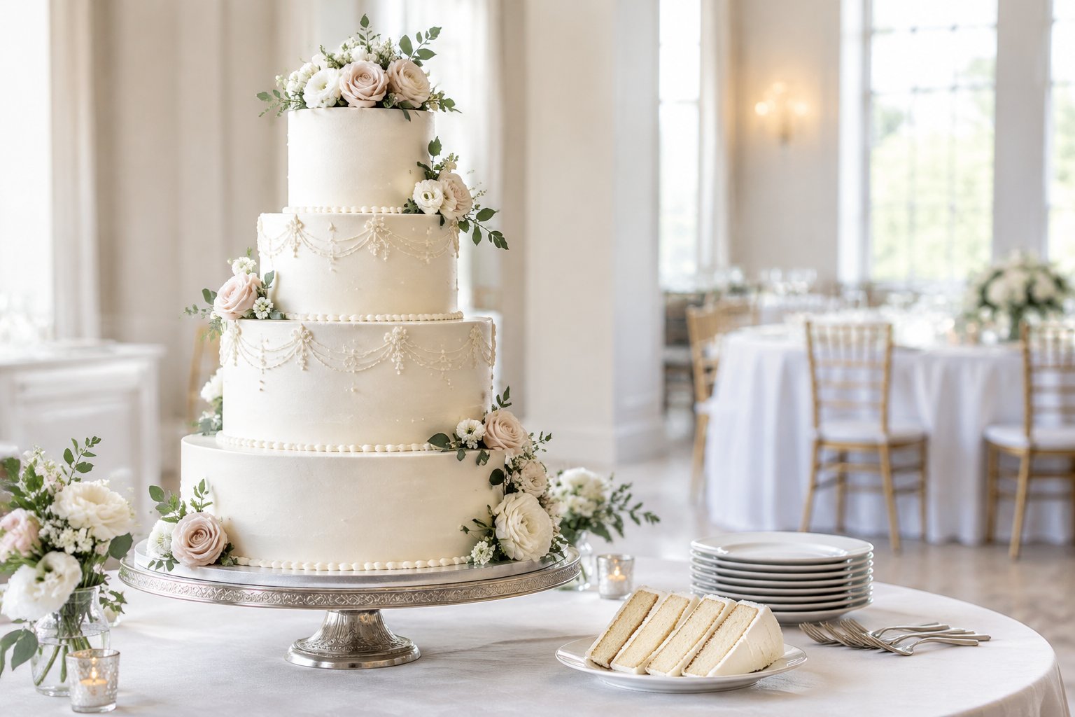 A decorated tiered wedding cake displayed on a reception table.