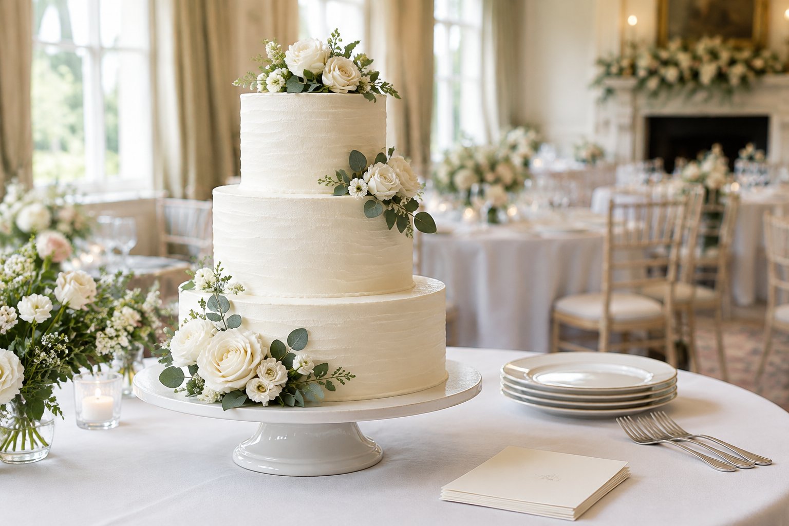 A three-tier wedding cake displayed on a reception table.