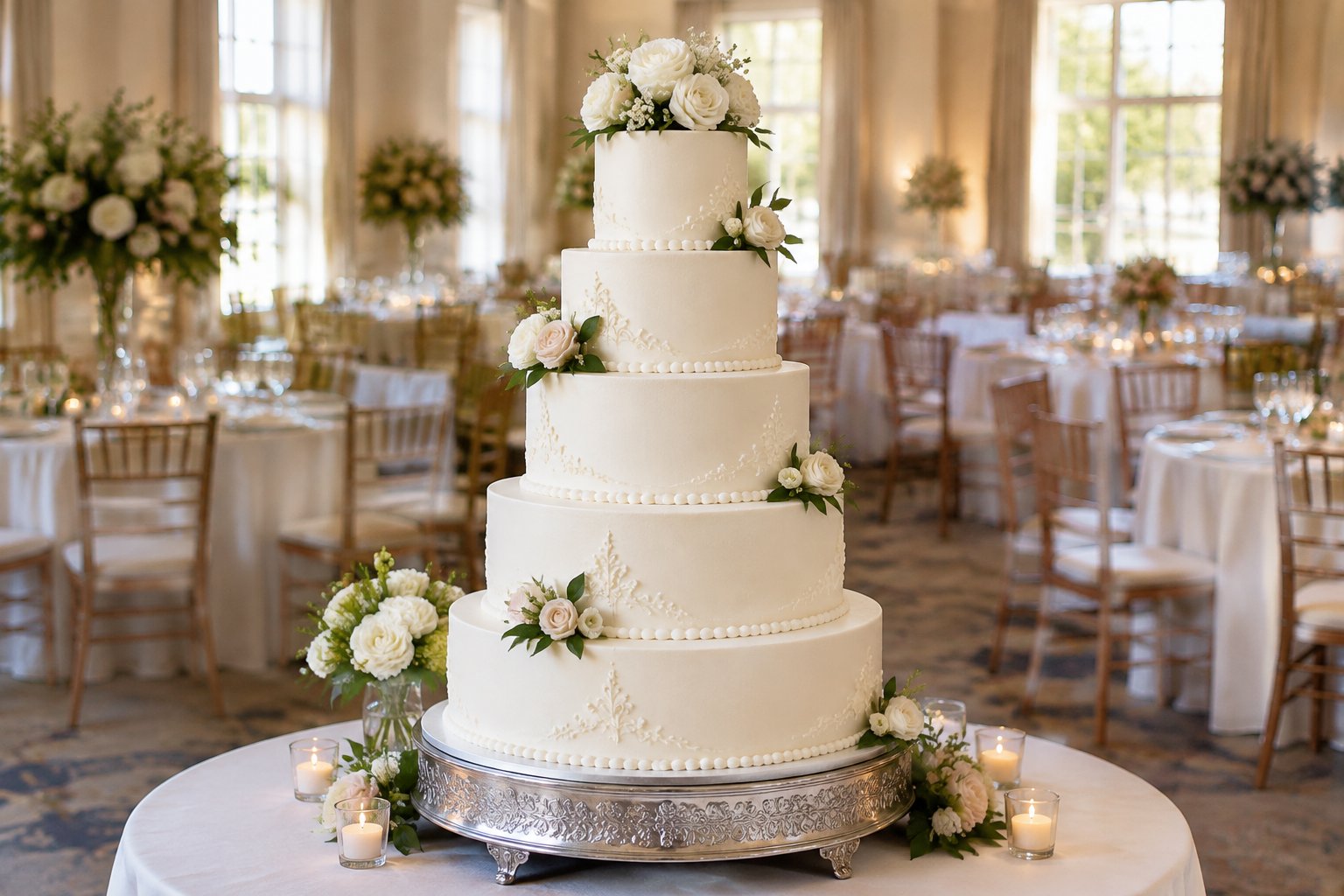 A multi-tiered wedding cake displayed at a reception.