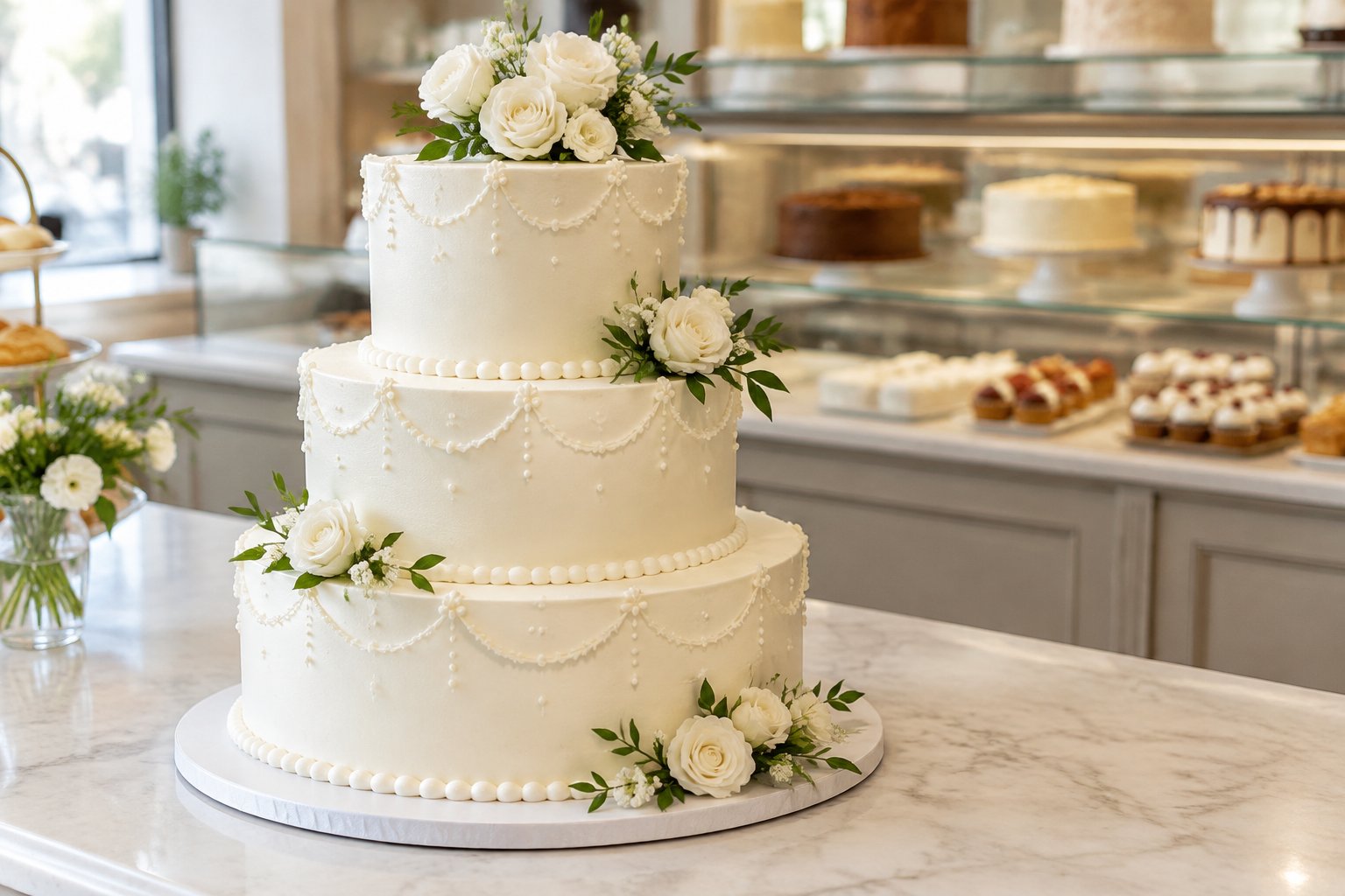 A decorated three-tier white wedding cake displayed in a bakery.