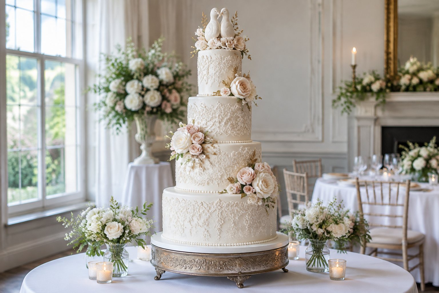 A decorated four-tier wedding cake displayed at a reception.
