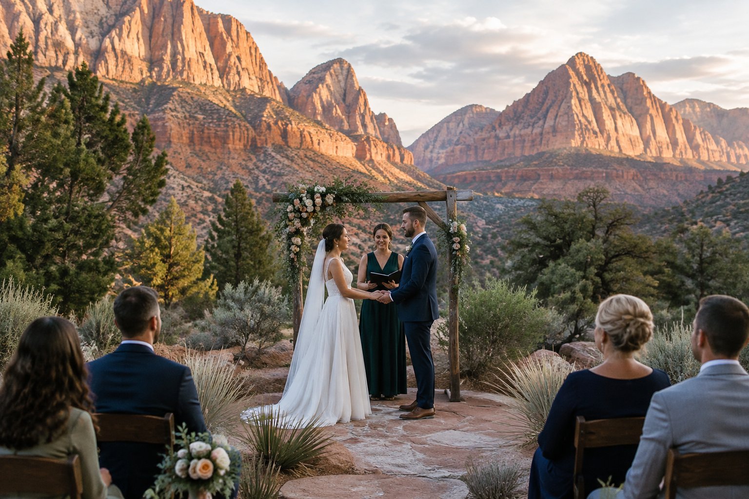 A couple exchanges wedding vows with a few guests beneath red sandstone cliffs.