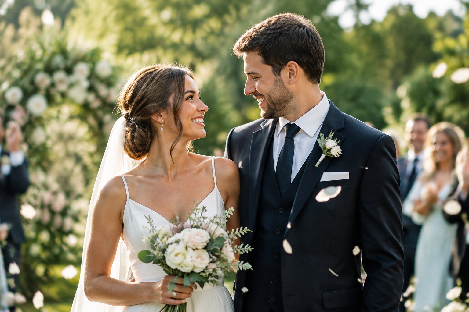 A newlywed couple stands together in a sunlit garden as guests celebrate behind them.