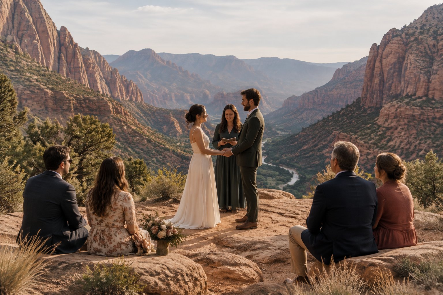 A couple celebrates an intimate wedding with a few guests at a red-rock overlook near Zion.