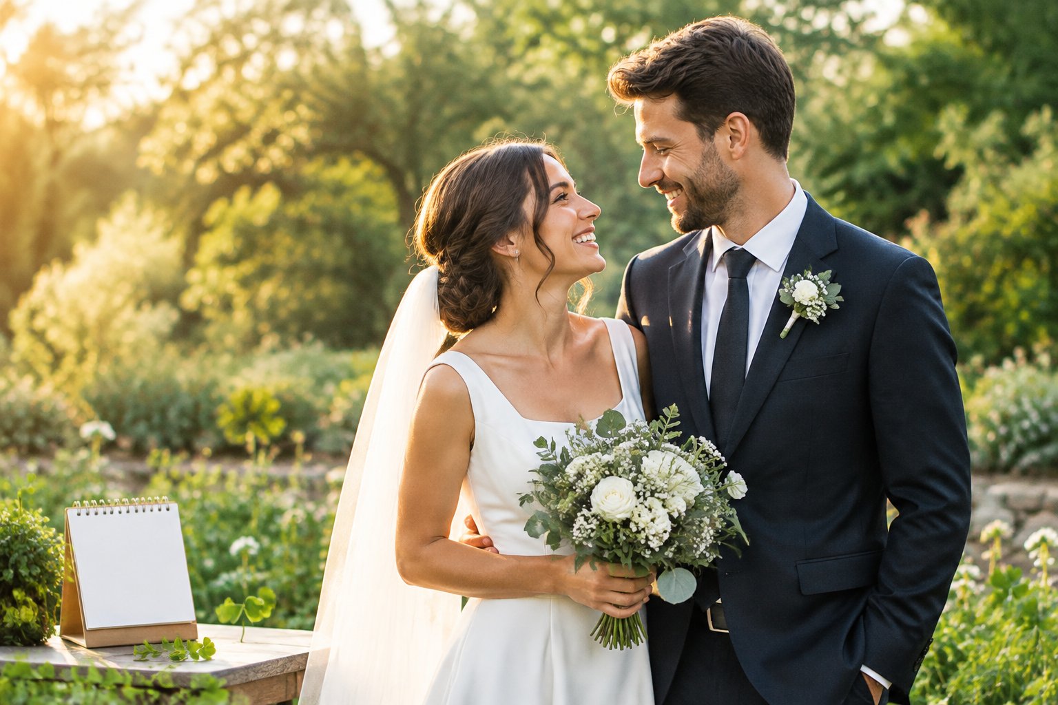 A newlywed couple celebrates together in a sunlit garden.